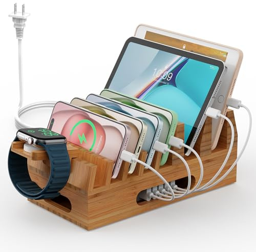 Pezin & Hulin Bamboo Charging Station Holder with 5 Port USB Charger, 5 x Charge Cables, Watch Stand, Wood Docking Stand Electronic Organizer for Multiple Devices, Phones, Tablets and More