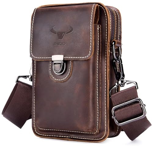 BAIGIO Genuine Leather Waist Pack for Men - Leather Phone Holster Pouch with Belt Loop Crossbody Phone Carrying Case Small Shoulder Bag for Cell Phone Wallet Key, Brown