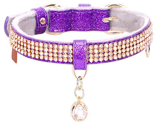 PetsHome Katzenhalsband, Hundehalsband, [Bling Strasssteine] Premium PU Leder mit Anhänger Verstellbare Halsbänder für Katzen und kleine Hunde, Extra Small Lila