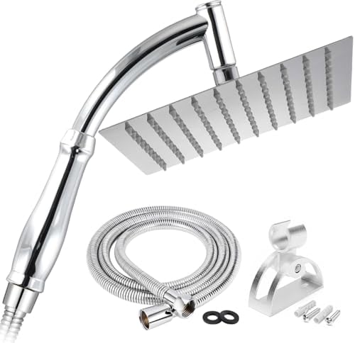 SIEYESCITY 200mm Square Large Rainfall Chrome Shower Head High Pressure Water Saving Stainless Steel Panel with 1.5m Shower Hose and Bracket Holder Set, Silver