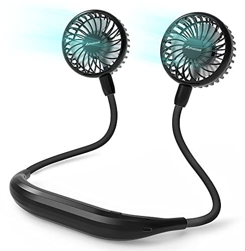 Amacool Neck Fan Battery Operated Neckband Fan 3-Speed Hand-Free Wearable Personal USB Fan for Hot Flashes Home Office Travel Outdoor Sports (Black)