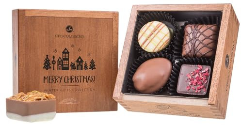 CHOCOLISSIMO Schokolade Geschenk - 4 handgefertigte Pralinen im Holzkästchen - Geschenk zu Weihnachten - Weihnachtsschokolade, Geschenkidee Frauen, Männer, Frau, Mann, Eltern - Merry Elegance Mini