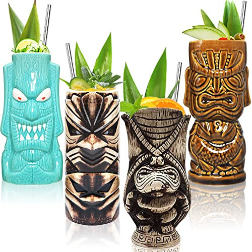 Tiki Lot de 4 grands verres en céramique pour cocktails - Motif tropical hawaïen - Pour bar - Cadeau idéal