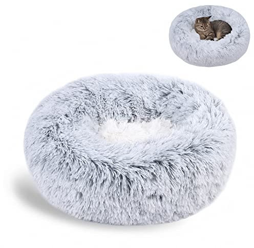 Nyescasa Katzenbett Rund Donut Hundebett Kissen Fluffy Plüsch Haustier Bett Weich Warm wasserdicht rutschfest waschbar Cuddler Nest für Kleine, Mittelgroße und Große Hunde, Katzen(M 50cm Ø, Grau)