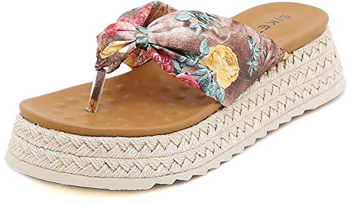 HOTRA Tongs Bohémiennes À Plateforme pour Femmes Pantoufle de Massage des Pieds Acupoint Sandales À Lanières en Satin de Plage d'été Espadrilles Coupe Large (Color : Brown, Size : 35 EU)