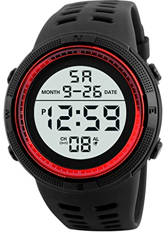 Tonsee Accessoire Herren Digital Armbanduhr Herren Sport Digitaluhr Outdoor Elektronische Uhr Date Herren Luxus LED Sportuhr Damenband Ansehen Lederarmband (Red, One Size)