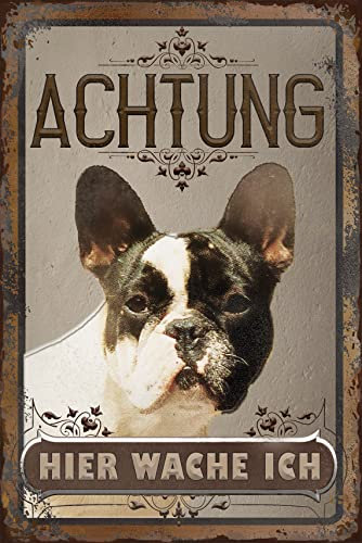 30 x 20 cm wetterfestes Blechschild, Warnhinweis, Torschild, Achtung, hier Wache ich! Warnung vor dem Hund (French Bulldog)