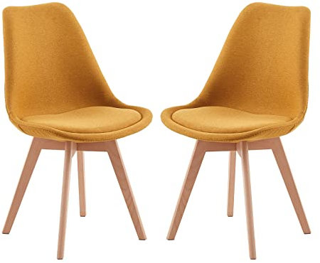 EGGREE 2er Set Esszimmerstühle Skandinavisch Design, Polsterstuhl aus Leinen Rückenlehne, Küchenstuhl Essstühle mit Massivholz Buche Bein SGS Geprüfter, Gelb