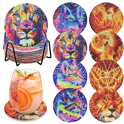 DAERLE 8 STK Diamond Painting Untersetzer mit Halter, Diamond Art Untersetzer, Rund Tier Untersetzer Diamond Painting Set Katze Diamant Painting Bilder Untersetzer Set für Gläser Weingläser Vasen