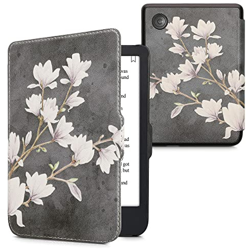 kwmobile Schutzhülle für Kobo Clara 2E / Tolino Shine 4 Hülle - eReader Flip Case mit Auto Sleep Funktion - Magnolien mit Taupe Weiß Dunkelgrau