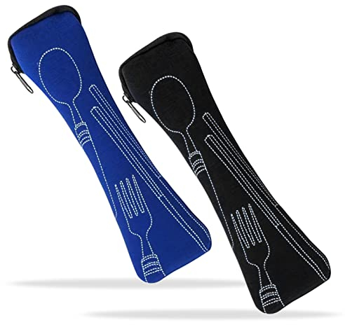 Bestecktasche für Unterwegs, Tragbare Geschirr Tasche Outdoor Reißverschluss Messer Gabel Löffel Aufbewahrungskoffer Besteck Tasche für Schulbüro Camping 2Pcs Geschirr nicht enthalten (Blau, Schwarz)