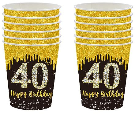 Lot de 16 gobelets jetables noirs et dorés - Décoration de table pour 40e anniversaire - Gobelets en carton à vin chaud - Gobelets à café pour homme et femme - Décoration de fête d'anniversaire -
