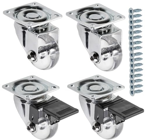 GTV - Möbelrollen BRAZIL, Lenkrollen, 4 Stück set Rollen für Möbel: 2x Rollen mit Bremse, 2x ohne Bremse, aus Stahl und Gummi, +16 konische Schrauben 4x17, Durchmesser: 35 mm, Farbe: Transparent
