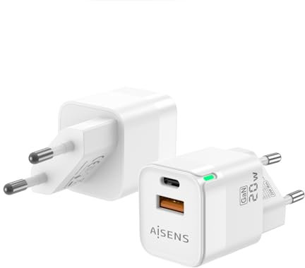 AISENS Cargador Gan 20W. 1xUSB-C PD3.0 QC4.0. 1xUSB-A QC3.0. Blanco