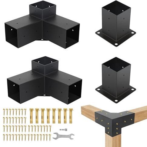 SHANTRA Pergola-Set, Pergola-Halterungen, 2 3-Wege-T-Halterungen und 2 Pfostensockel, DIY-Pavillon-Halterungs-Kits, Pergola-Hardware, Holzbalken für Pavillons, Terrassen-Pergolen, Blockhütte im Freien