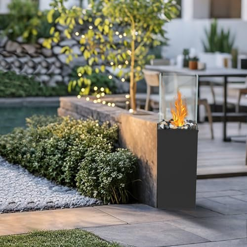 YRHome Quadrat Standkamin Freistehender Bio-Ethanol Stand-Kamin Bioethanolkamin Schönes Flammenspiel Bodenkamin Terrassenkamin Outdoor Indoor Einstellbare Flamme mit V-förmiger Klemmhaken 80x24,5x20cm