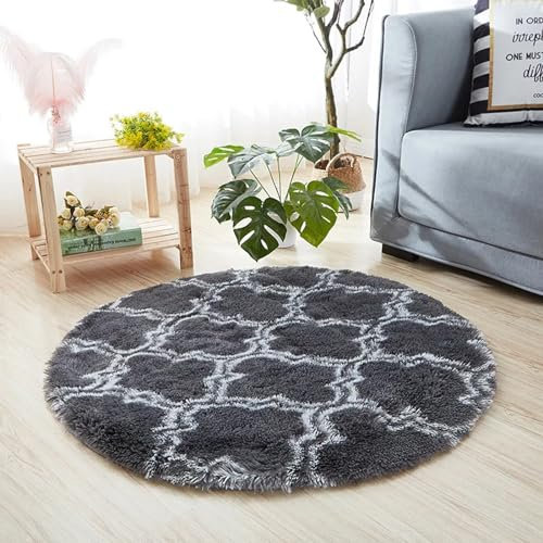 Hiseng Teppich Rund Flauschiger Waschbar 140cm, Rautenmuster Hochflor Plüsch Weicher Teppich Wohnzimmer Teppich Modern für Innen Wohnzimmer Kinderzimmer Schlafzimmer (160cm,Anthrazit)