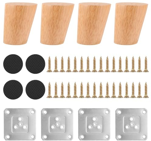VIDETOL 4 Stück Möbelfüße Holz Konisch, Schräg 6 cm Tischbeine Holz, Holzfüße mit Montageplatten, Gummipads und Schrauben für Möbel, TV-Schrank und Schrank