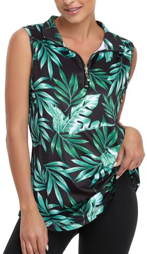 Viracy Damen-Poloshirt mit Reißverschluss, ärmellos, schnell trocknend, athletisches Poloshirt, A-Blätter, X-Groß