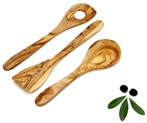 DAGDEG Lot de 3 cuillères de cuisine en bois d'olivier, spatule, cuillère à riot, cuillère à légumes, spatule en bois, cuillère de service, faite à la main