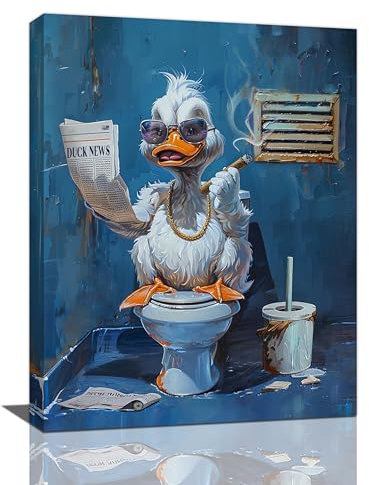 Enten-Badezimmer-Wandkunst, lustige Ente auf der Toilette, zum Lesen, Zeitung, Badezimmerbilder für Wand, Badezimmerschild, Leinwanddruck, Gemälde, marineblau, Badezimmer-Dekor, modernes gerahmtes