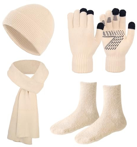 Mütze, Schal & Handschuh-Sets für Damen mit Kuschelsocken Wichtelgeschenke für Frauen, Winter Beanie Mütze Schal Set Damen mit Touchscreen Handschuhe Geschenke für Frauen Teenager Mädchen