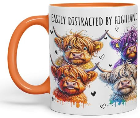 Vixar Easily Distracted by Highland Cows Scottish Farm Animals Ceramic Coloured Mug Cup for Tea Coffee Hot Brew 330ml 11Oz Gift (Orange)
