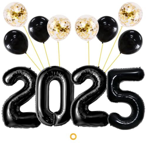 Jxuzh Luftballon Deko Schwarz Silvesterparty Ballon 2025 Deko Happy New Year Neujahr Silvester Ballon 2025 Schwarz Gold Silvester Deko Set 2025 Neujahr Party Silvesterdeko Folienballon 2025 Schwarz