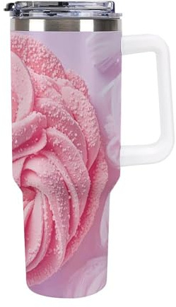 RKJVB 40 Oz Stainless Steel Vacuum Insulated Car Cup White Cotton Candy Printed Leak Proof Tumbler With Handle And Straw Coffee Mug Water Bottle for Cold Hot Drinks