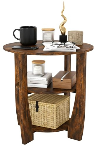 ZEXVIDA 3 Tier Round Side Table, Farmhouse Wood End Tables with Storage, Country Accent Small Sofa Bedside Table Coffee Table for Living Room Bedroom and Small Spaces (Rustic Brown)