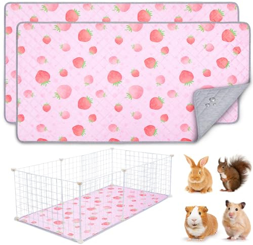BeBeJoJo 2 Pack Wiederverwendbare Unterlage für Meerschweinchen,Waschbar,Kleintier Matten für Kaninchen,Hamster,Strawberry Print Pink,120x60CM
