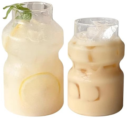 Copa de café helado, 2 pcas bebidas con copas de café helado 440 ml & 250 ml de tazas de vidrio en forma de ósea, vasos vintage cristalería acanalada para agua, refresco, jugo, leche, cristalería
