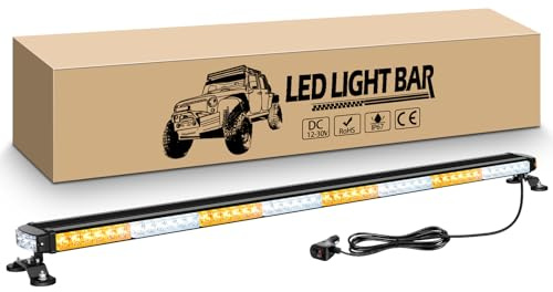 RIGIDON Barre Lumineuse Clignotante Stroboscopique à LED, 49 125 cm 102LED | Ambre/Blanc, 12V 24V Avertissement Clignotant d'urgence Chasse Rampe Magnetique Led pour Voiture Véhicule Camion Remorque