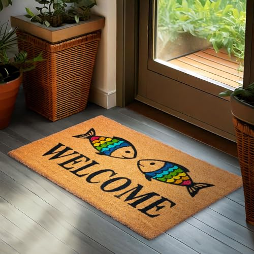 BRUBAKER Fußmatte für Außen und Innen - Welcome mit Regenbogen Fische | 45 x 75 cm Schmutzfangmatte aus 100% Kokos - Fußabtreter Wetterfest und rutschfest - Antirutsch Türvorleger für Haustür