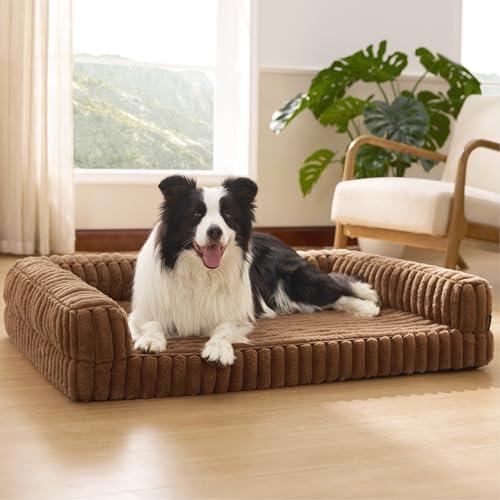 BEDSURE orthopädisches Hundebett Grosse Hunde - 89x64x18cm | wasserdichtes Hundesofa mit Memory-Schaum & Eierkarton-Schaum, waschbarer und abnehmbarer Cordbezug Hundecouch, kamelbraun
