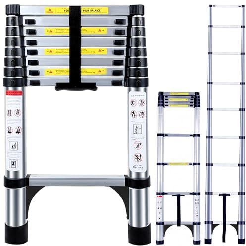 Telescopic Ladder 2.6M Aluminium Extension Ladder, Loft Ladder | Multi Purpose Adjustable Height Ladders Extendable, Folding Ladders Non-Slip Feet & Safety Locks for Roof Attic Caravan