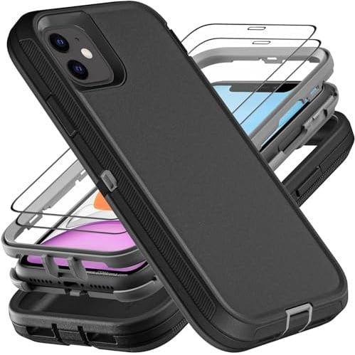 YmhxcY for iPhone 11 Case, Military Grade 3 in 1 Heavy Duty Shockproof/Drop Proof/Dust Proof Case with 2Pcs Tempered Glass Screen Protector (Black/Grey)
