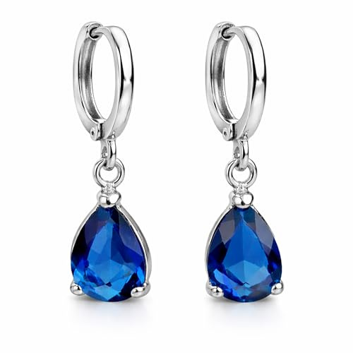 LÖB 750 Weißgold vergoldet Creolen Tropfen Anhänger Zirkonia Silber Blau Damen Ohrringe Hängend Saphir Royal Stein Ohrhänger Tropfenform Brautschmuck