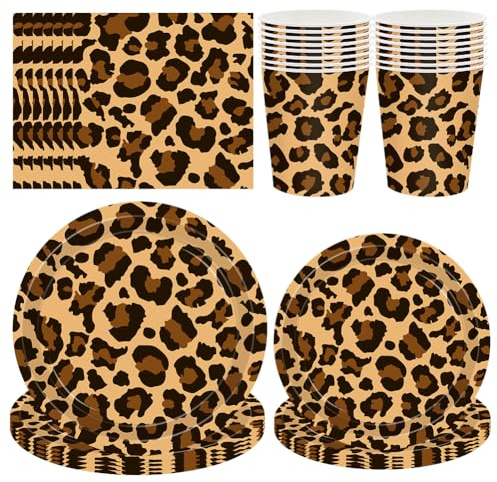 Decorazione per feste di compleanno con ghepardo, set di stoviglie di compleanno, piatti, tazze, fazzoletti, decorazioni per feste con leopardo bestia - 16 persone