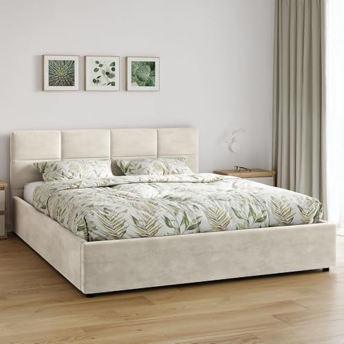 Jana Mika Polsterbett mit Bettkasten und Lattenrost, Doppelbett mit gepolstertem Kopfteil und Stauraum (Beige Samt HLR1, 160 x 200 cm)