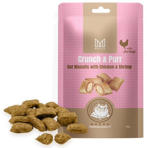 MERSJO Crunch & Purr Katzenleckerlis mit Huhn & Garnelen 40 g – Knusprige Snacks mit cremiger Füllung, mit Taurin & Omega-3, Zahnpflege für Katzen, ohne Getreide & Zucker