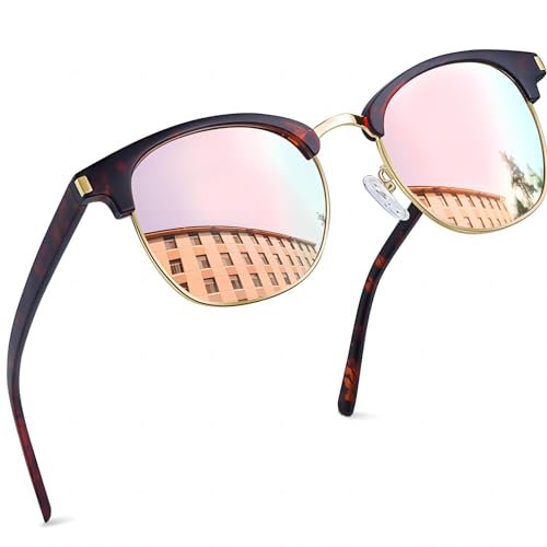 Joopin Occhiali da Sole Polarizzati per Uomo Donna Protezione UV400 Classico Vintage Rettangolari Mezza Montatura Occhiali da Sole (Specchio Rosa)