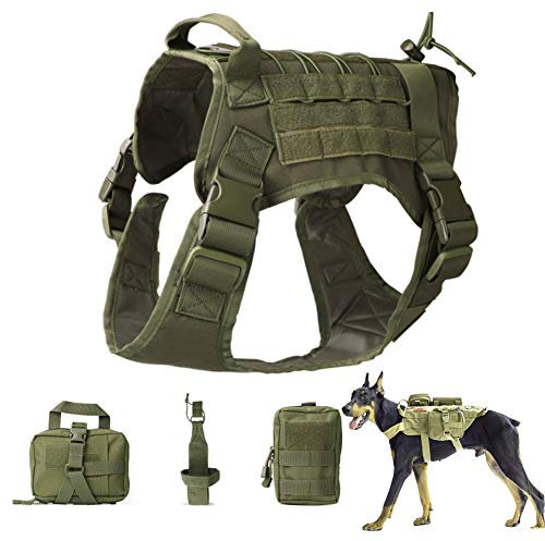 PJDDP Taktische Hundeweste Service Hundegeschirr MOLLE Hundeausbildung Geschirr, Militär Arbeits-Moll-Weste,Kein Ziehen, Mit Tragegriff Und Abnehmbaren Taschen Für Mittelgroße Und Große Hunde,Grün,L