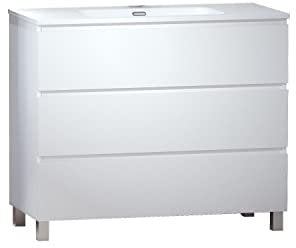BAIKAL Conjunto de Mueble de Baño LESI. Compuesto por Mueble con Patas y Lavabo Cerámico. Tres Cajones. Melamina 16mm. Mueble MONTADO. Fondo 46cm 100 cm Blanco Mate
