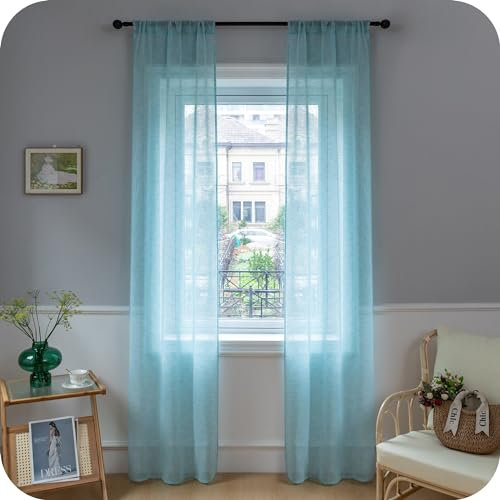 GIRASOLE Coppia Tende Voile Semitrasparenti Effetto Lino Tenda per Soggiorno Camera Balcone Finestra e Interni 2 Pannelli con Tasca (Turchese, 70x240cm)
