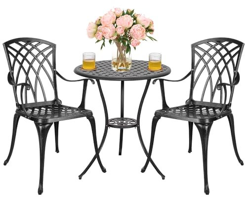 Polar Aurora Ensemble de 3 tables de bistrot en aluminium moulé avec trou pour parasol pour porche, pelouse, jardin, jardin, piscine, noir