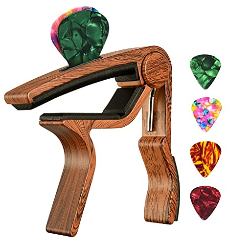 Kapodaster für Gitarre, Ukulele, Mandoline, Banjo aus Palisander mit Plektrenhalter und Plektren