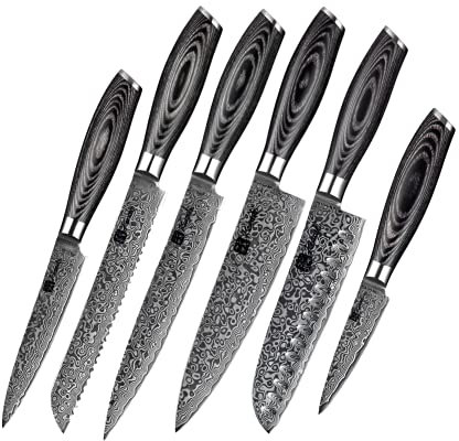 Kensaki 6er Messerset aus Damaszener Stahl Küchenmesser Japanischer Art hergestellt aus 67 Lagen Damaststahl – Kuro Serie, KEN-116
