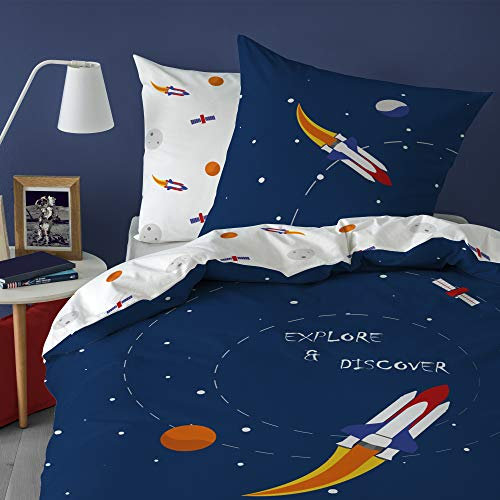 MATT & ROSE Explore Space Bettwäsche für Kinder 2 teilig | 100% Baumwolle | Oeko-TEX | Bettbezug 135x200 cm + 1 Kopfkissenbezug 80x80 cm | Blau, Weiß