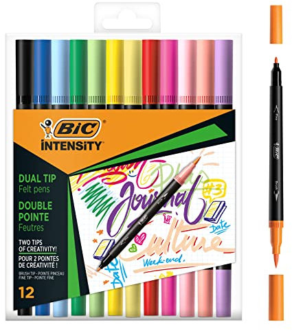 BIC Intensity Dual Tip Klassische Farbstifte mit feiner Spitze (0,7 mm) und flexibler Pinselspitze, in 12 leuchtenden Farben, 12 Stück